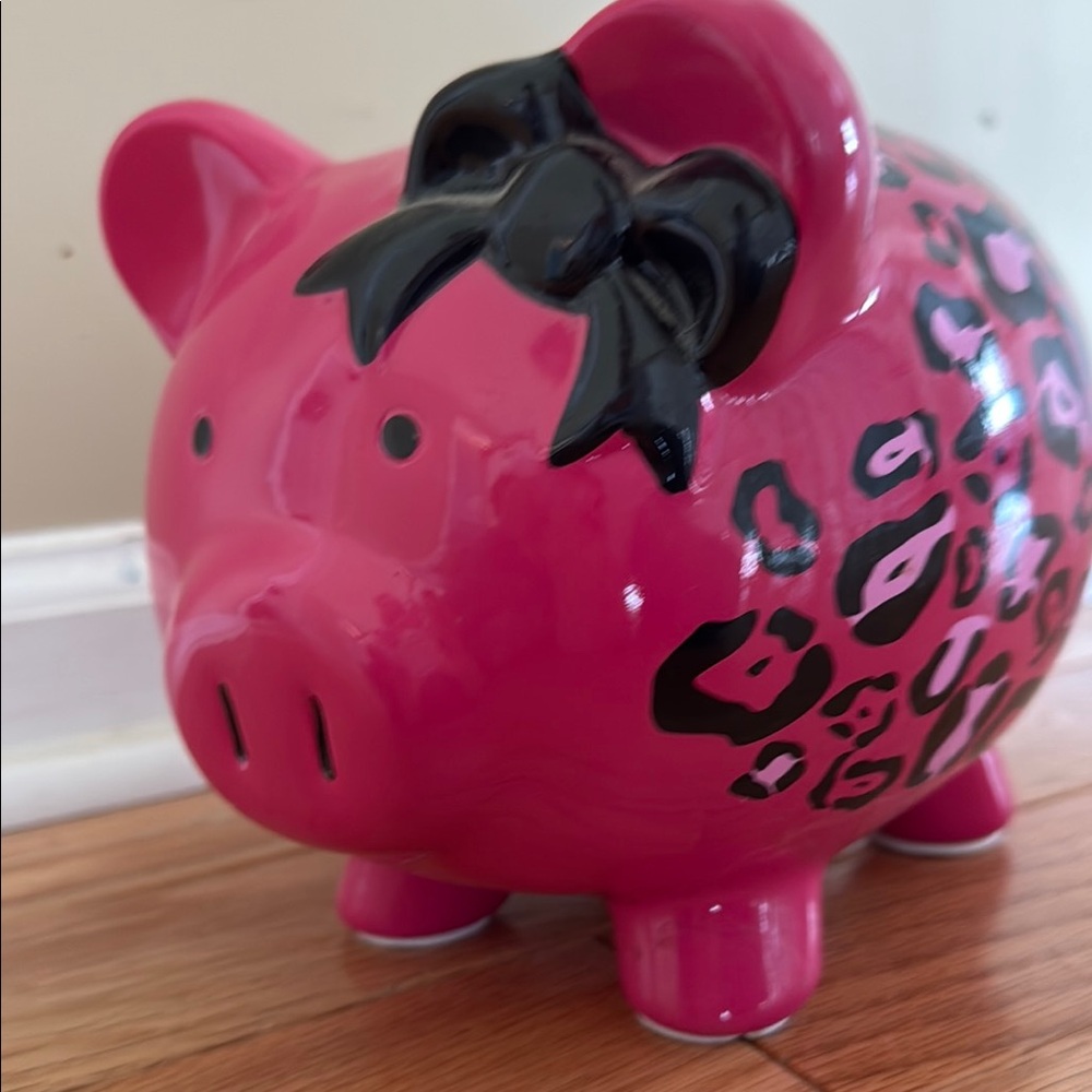 Pink Piggy Bank with Black Bow